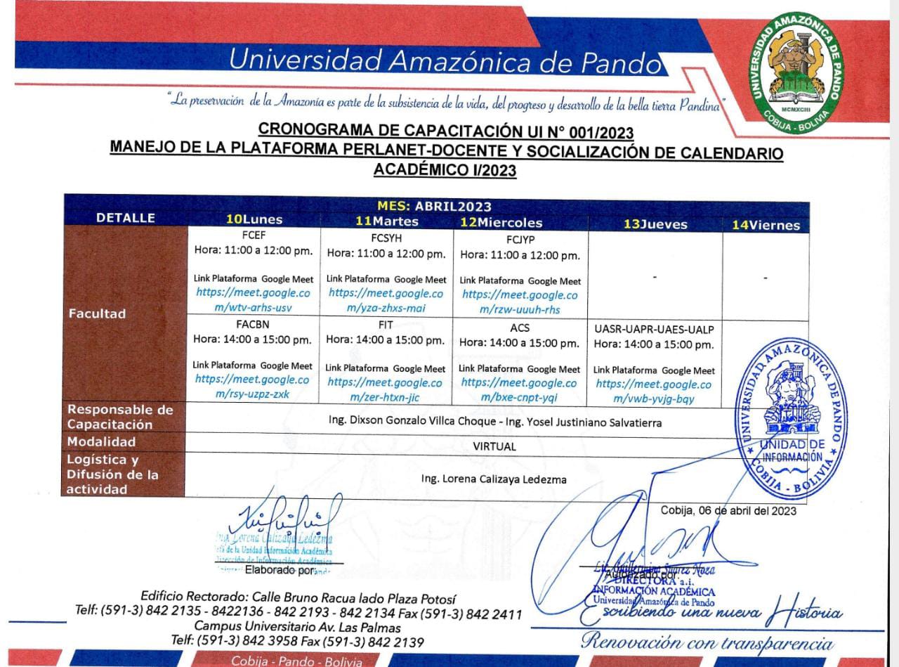 CAPACITACION: MANEJO DE LA PLATAFORMA PERLANET - DOCENTE Y SOCIALIZACION DE CALENDARIO ACADEMICO 1/2023 G2